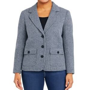 LL Bean Herringbone Tweed Blazer Wool Silk Blue Lined 3 Button Jacket Small